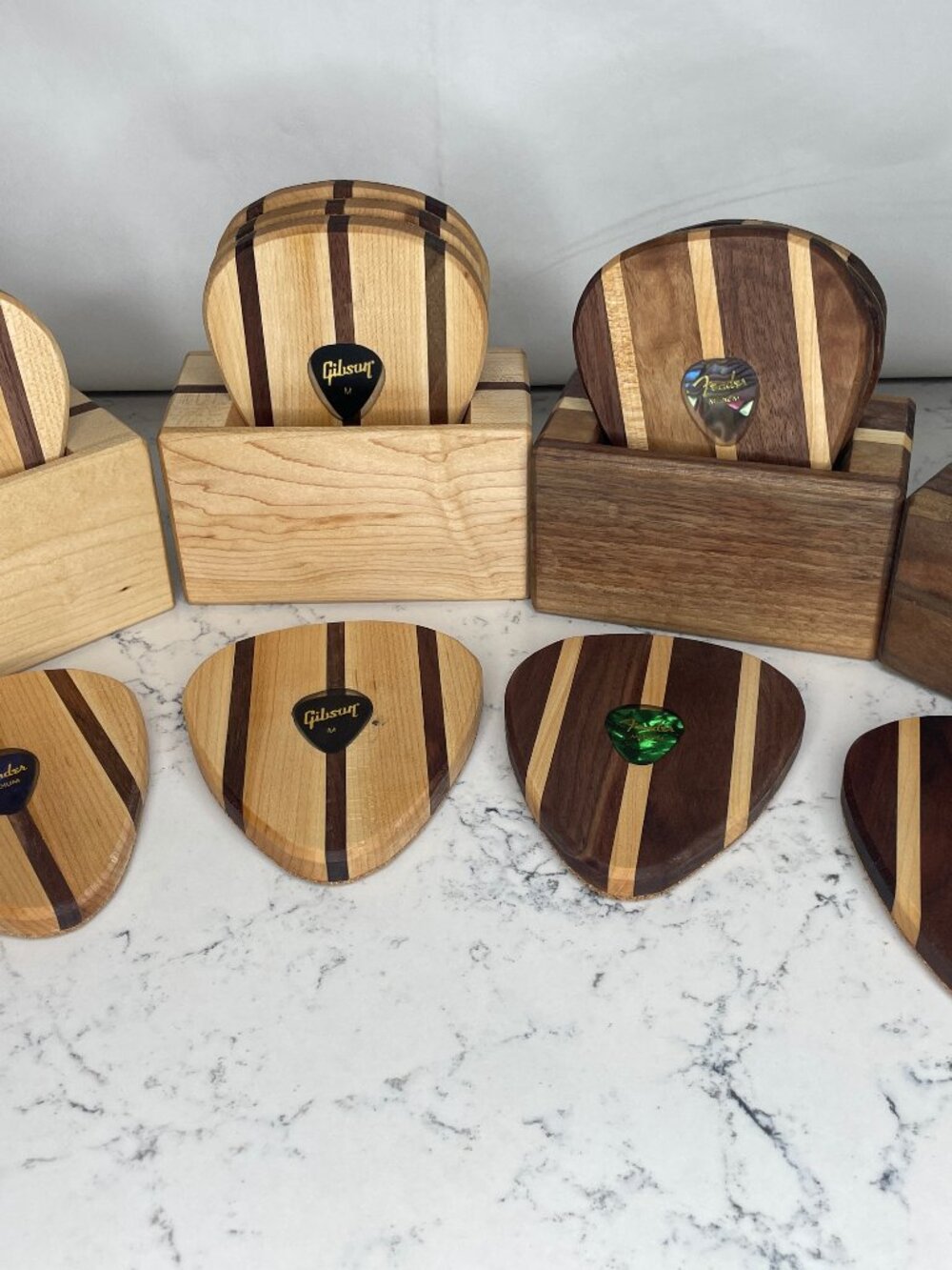 Guitar Pick Wooden Coasters w/ Epoxy and Holder Set of 4 Maple & Black Walnut